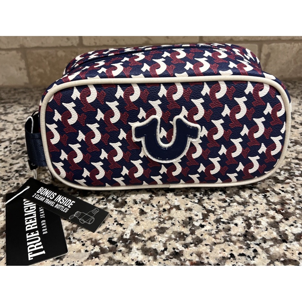 New $39 True Religion Coda Toiletry Bag TR104089 + 2 Mini Bottles Red Tan Blue